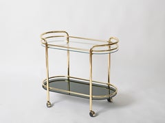 Italian Mid-Century Serving Bar Cart in Gilt Metal and Green Mirror Glass, 1970s