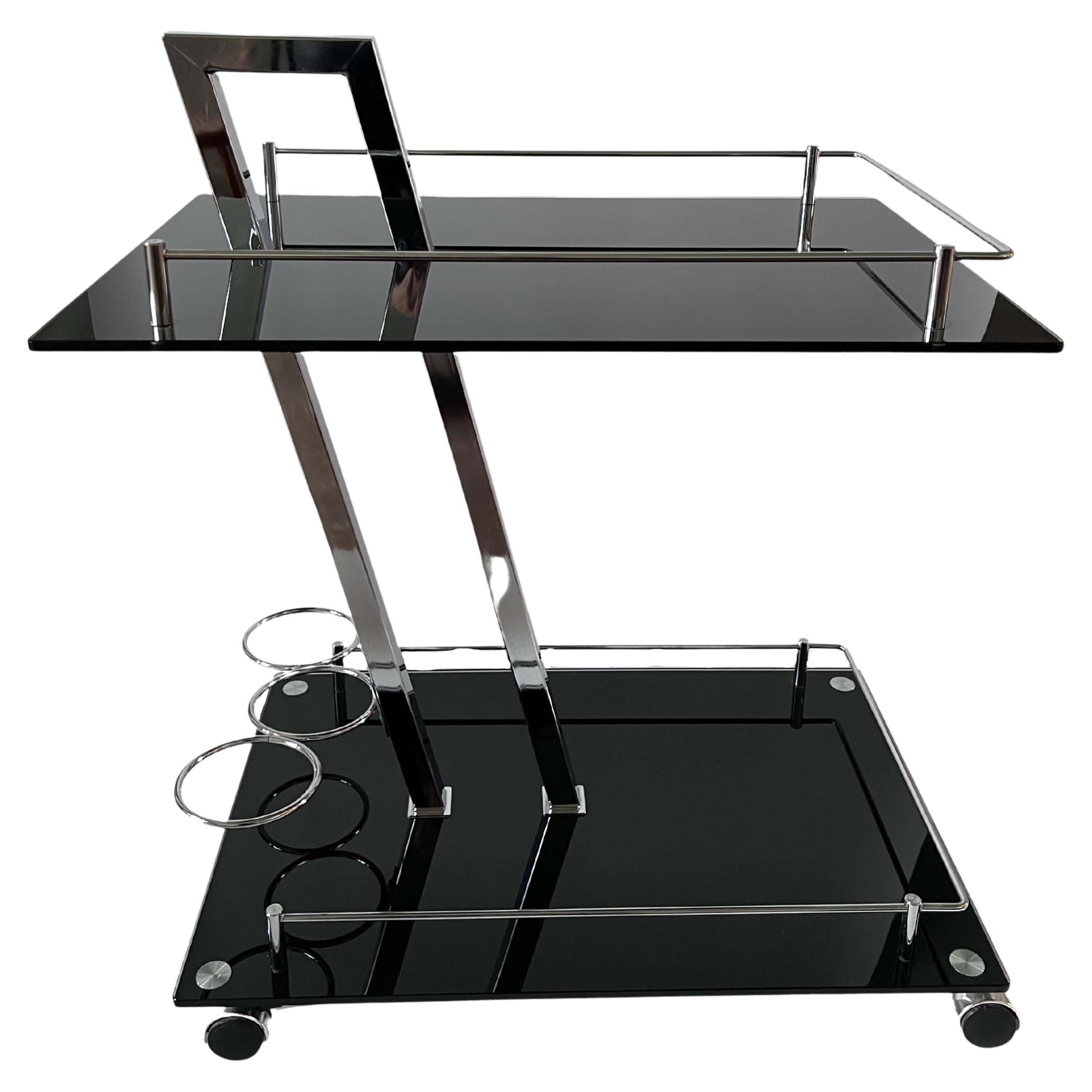 Italian Midcentury Serving Cart or Bar Cart, Black Glass and Chrome, 1960s For Sale