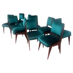 Italian Mid Century Set of 10 Dining Chairs 1950's Mahogany & Velvet
