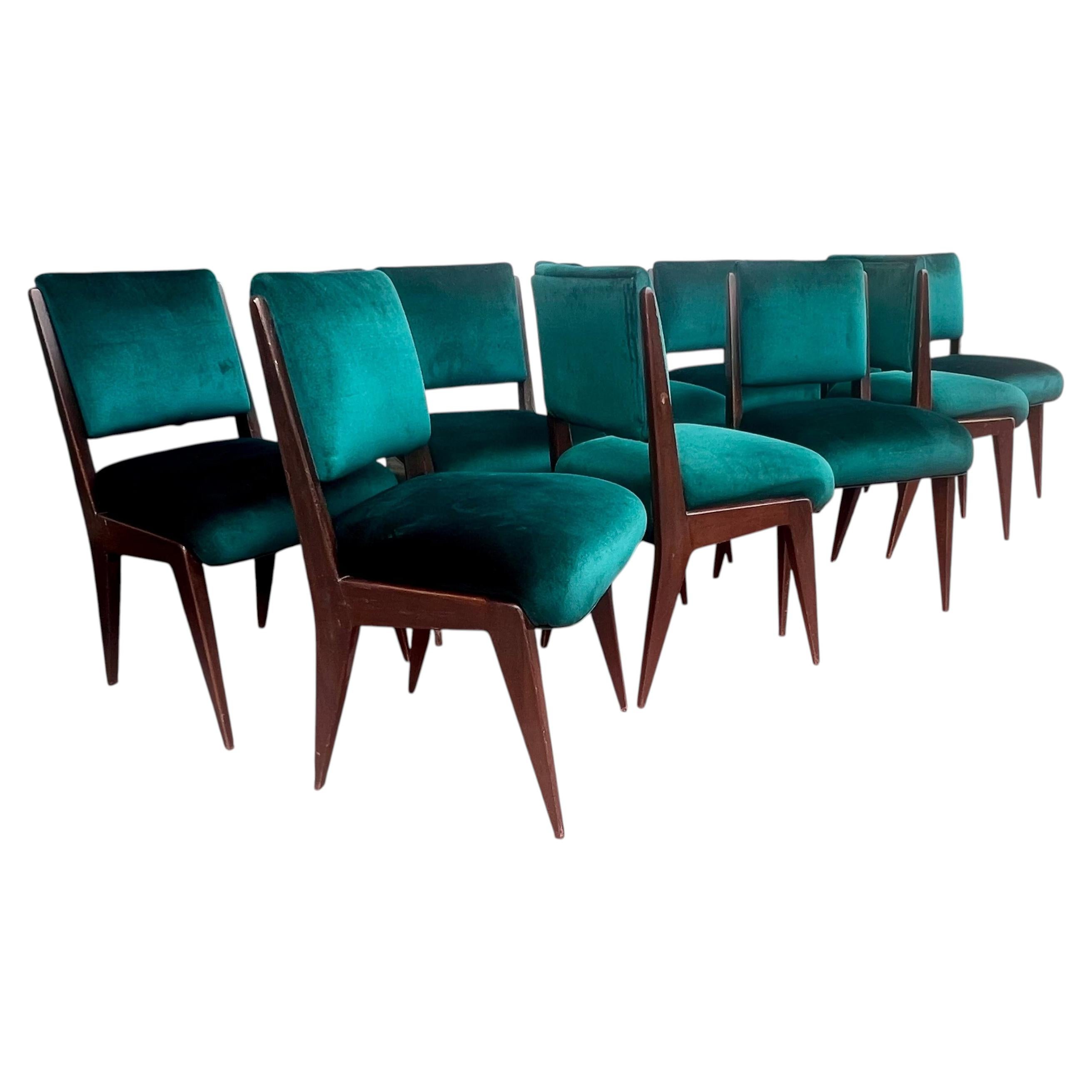 10 chaises de salle à manger italiennes de style « Mid-Century Modern » en velours vert, style Gio Ponti