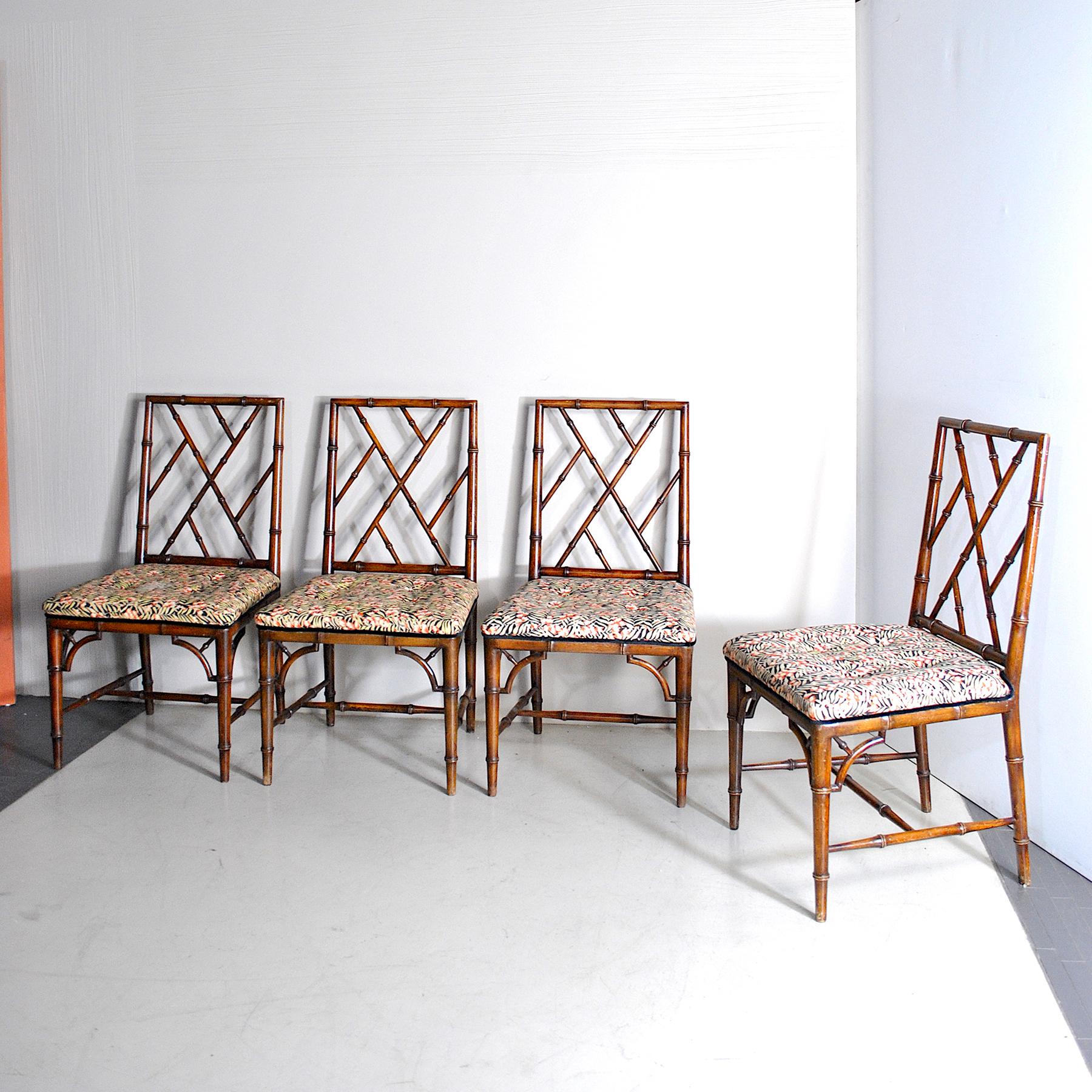Four chairs in red bamboo Italian midcentury production from the sixties in original upholstery.