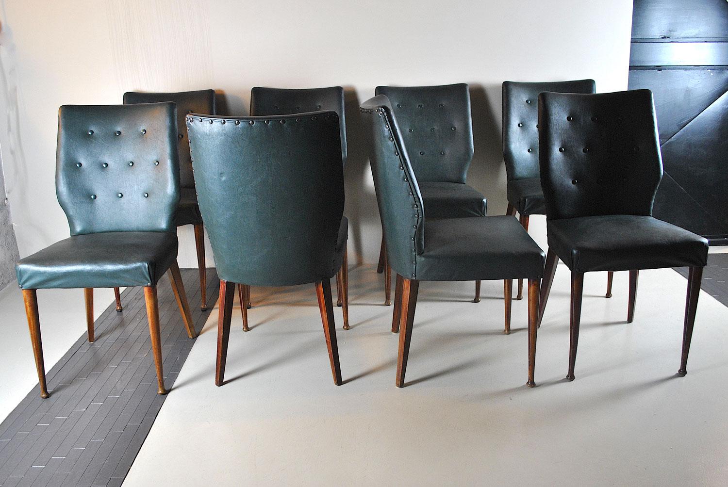 Wood Italian Midcentury Set of Eighty 1960s Chairs in Green Faux Leather For Sale