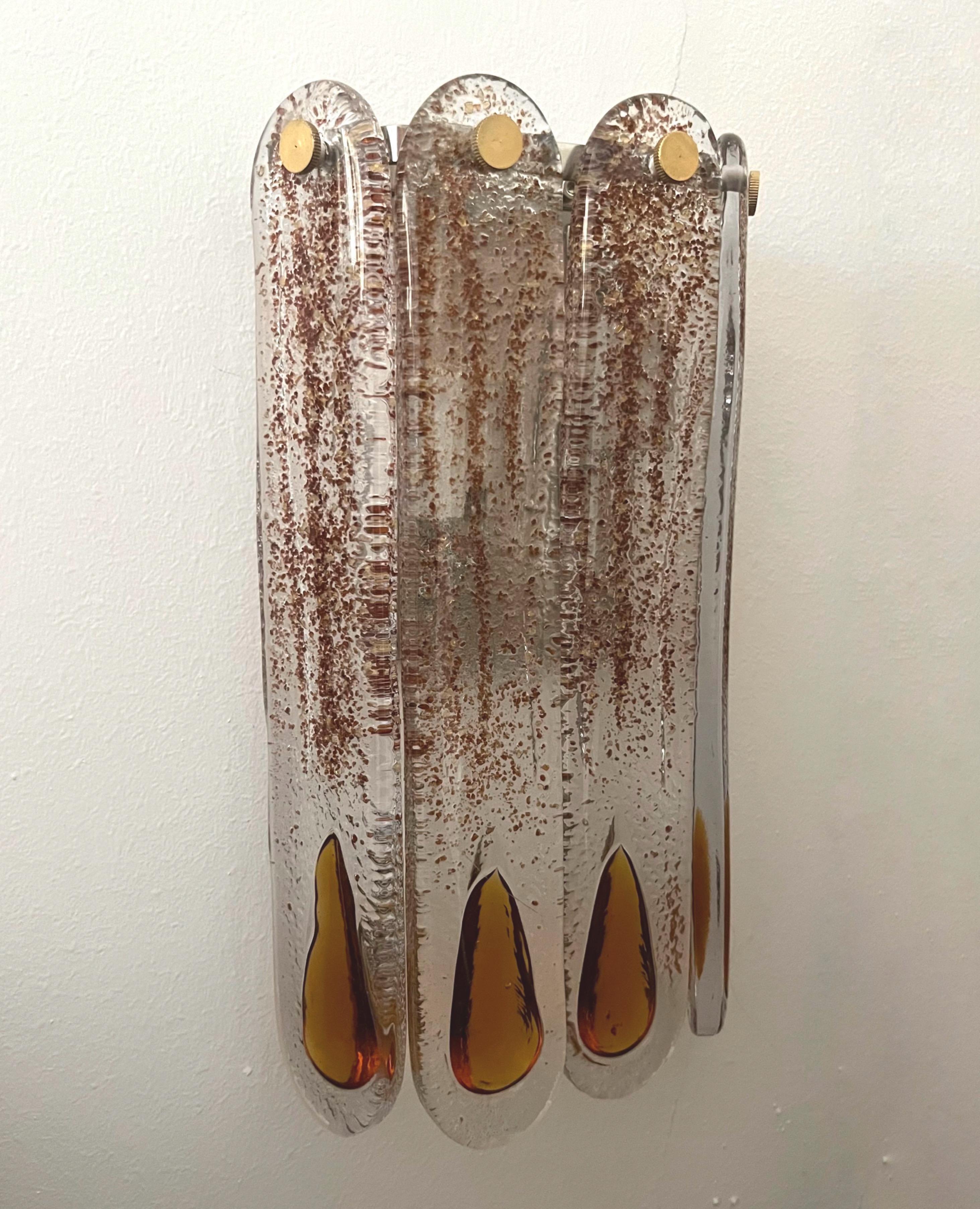 Italian Mid-Century Set of Four Amber Murano Wall Sconces by Mazzega, 1970s For Sale 6