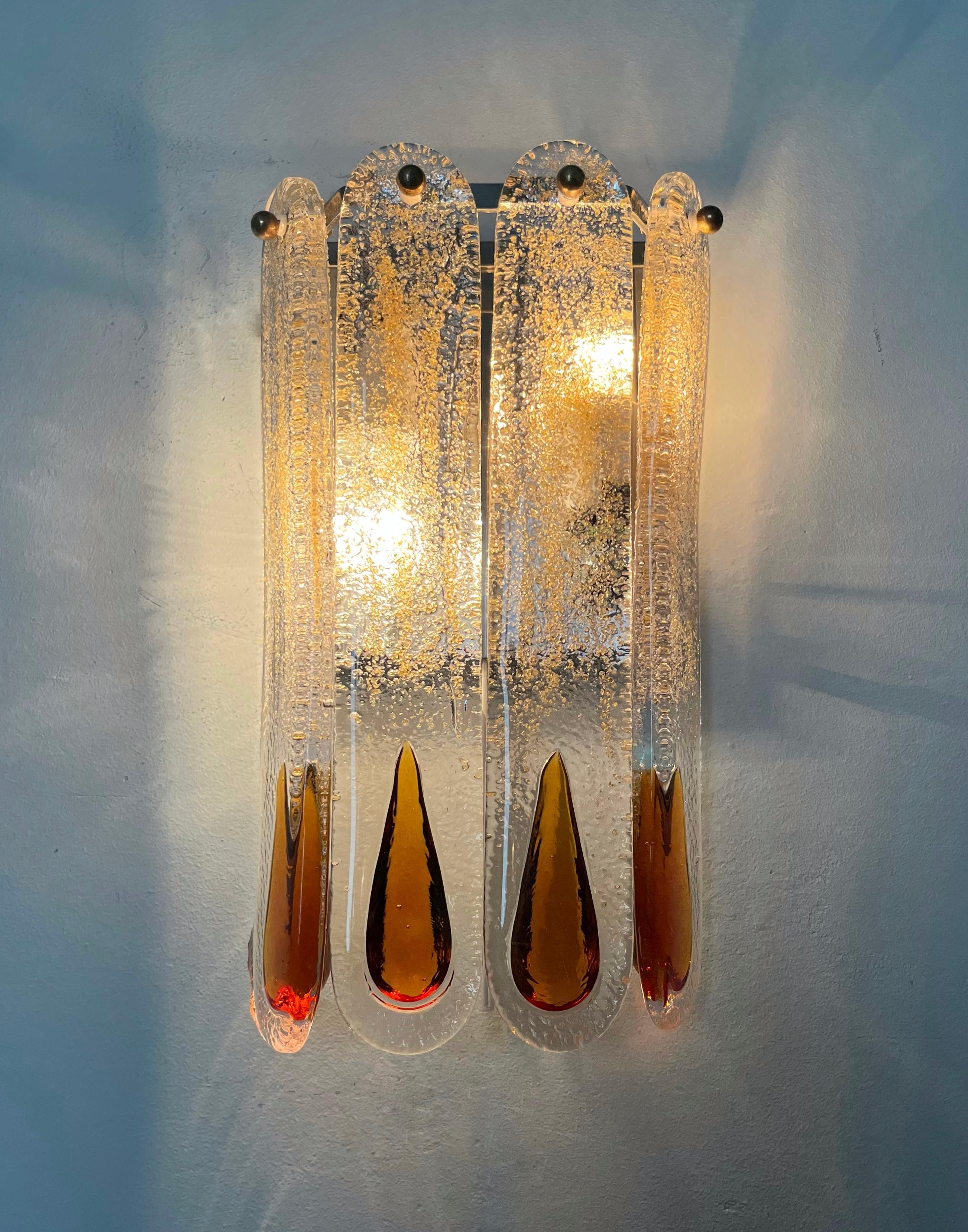 Metal Italian Mid-Century Set of Four Amber Murano Wall Sconces by Mazzega, 1970s For Sale