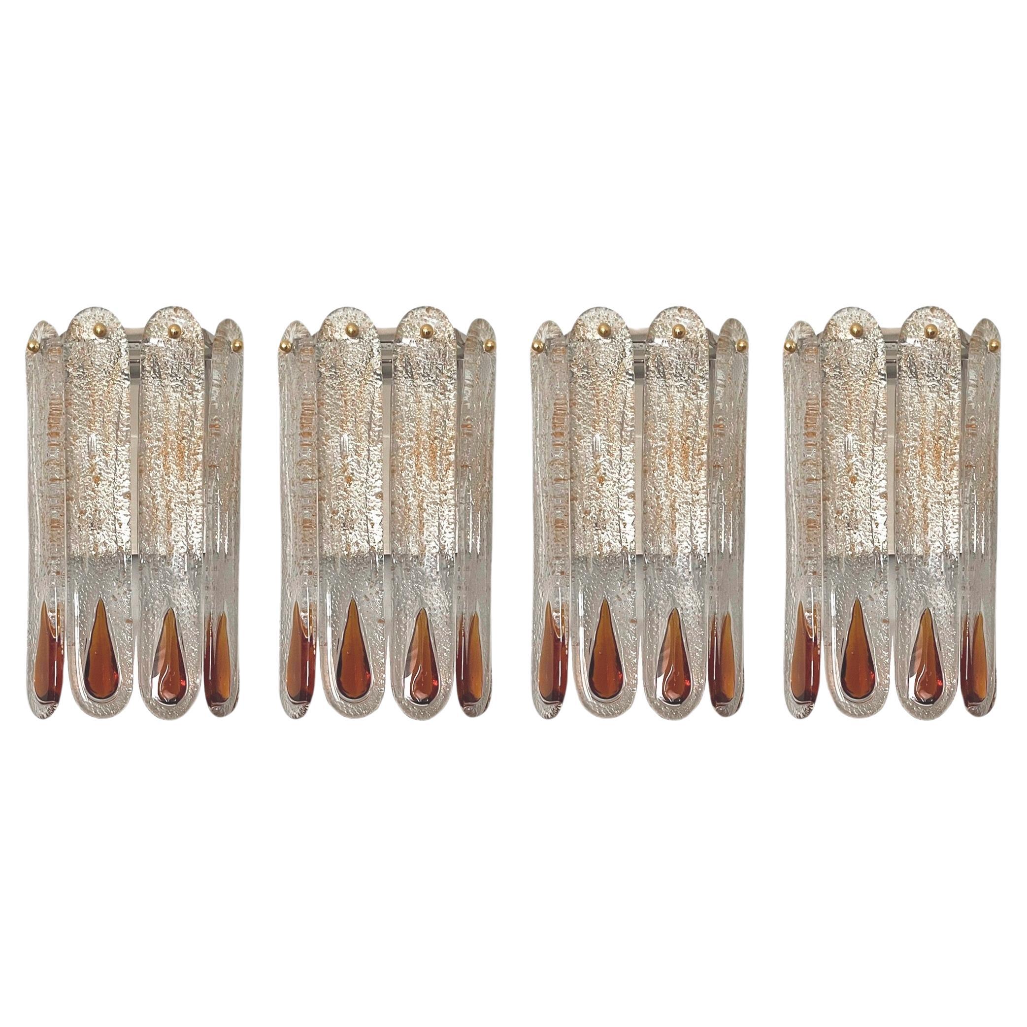 Italian Mid-Century Set of Four Amber Murano Wall Sconces by Mazzega, 1970s