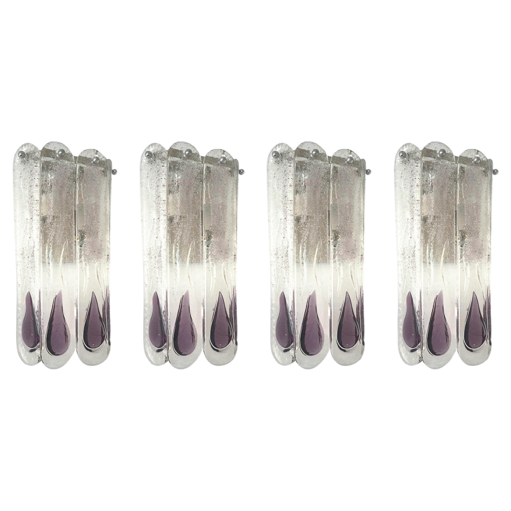 Italian Mid-Century Set of Four Lilac Murano Wall Sconces by Mazzega, 1970s For Sale