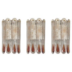 Italian Mid-Century Set of Three Amber Murano Wall Sconces by Mazzega, 1970s