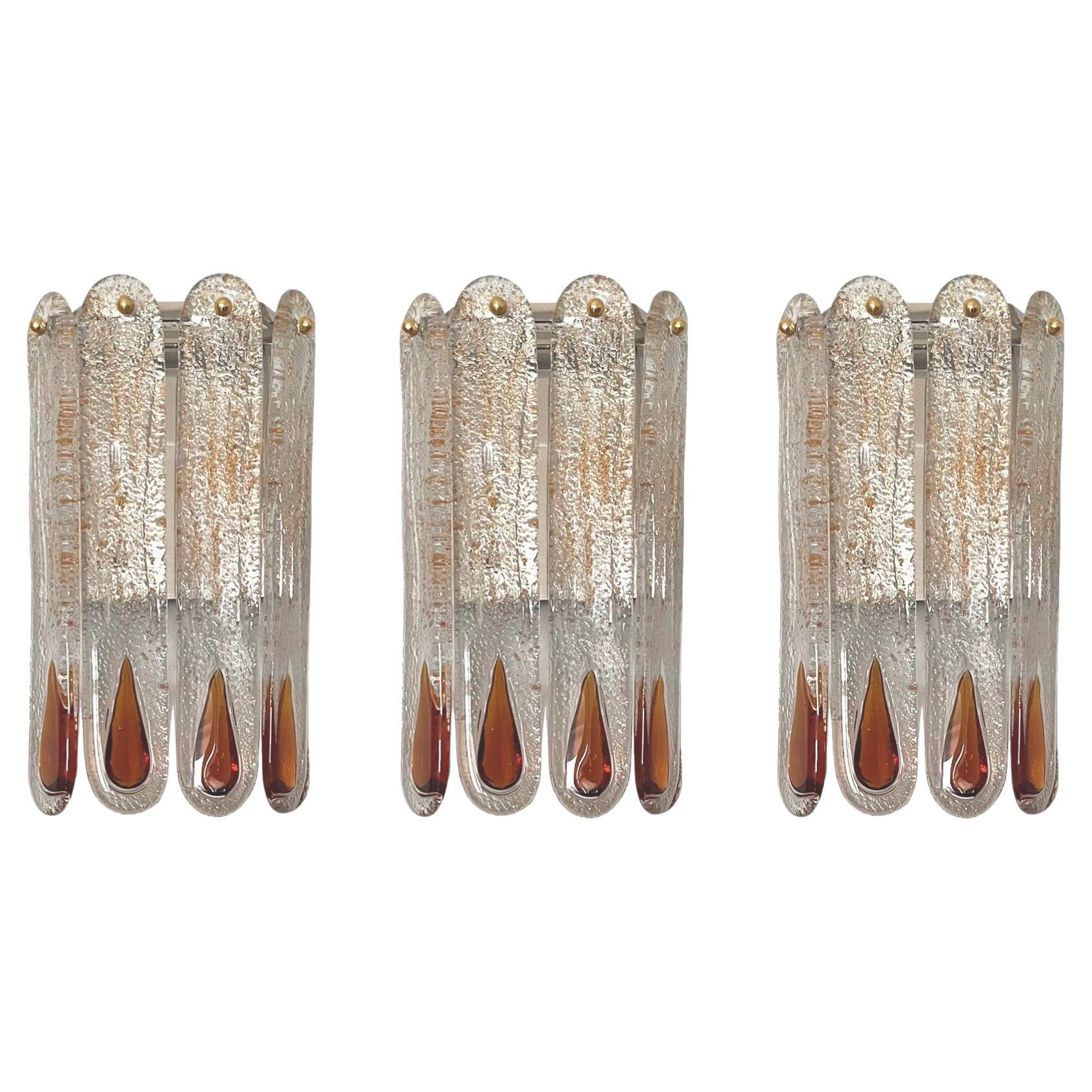 Italian Mid-Century Set of Three Amber Murano Wall Sconces by Mazzega, 1970s