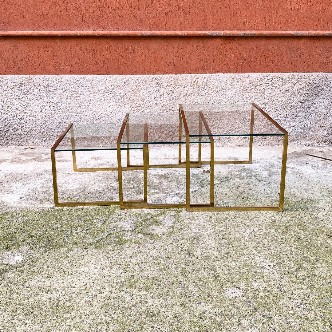 Italian Mid Century Set of Three Brass and Glass Stackable Tray Tables, 1950s 8