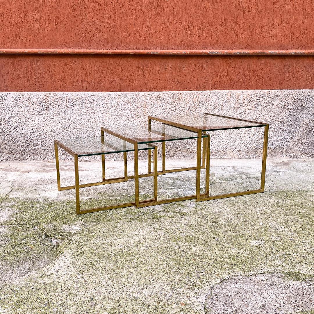 Italian Mid Century Set of Three Brass and Glass Stackable Tray Tables, 1950s 9