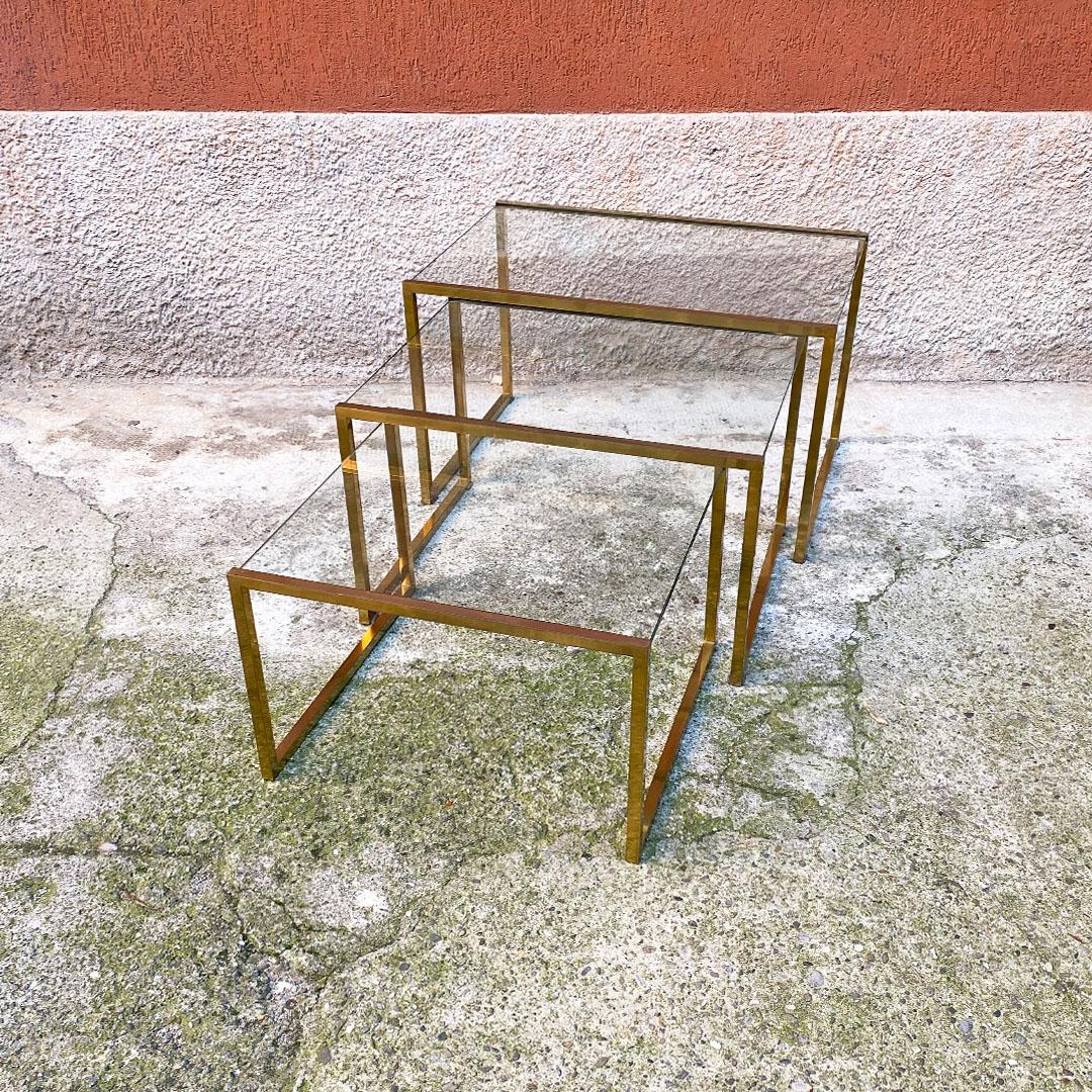 Italian Mid Century Set of Three Brass and Glass Stackable Tray Tables, 1950s 11