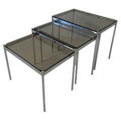 Retro Italian Midcentury Set of Three Chromed Metal Glass Stackable Tray Tables, 1970s