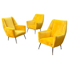 Italian Mid Century Set of Three Yellow Velvet, Metal and Brass Armchairs, 1950s