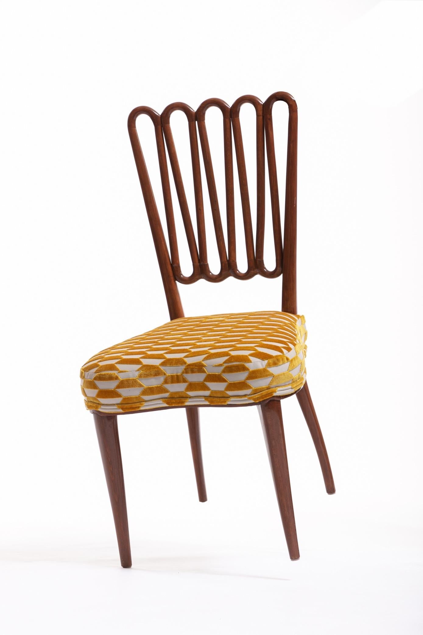 Italian Midcentury Side Chair after Gio Ponti with Gold and Ivory Cut Velvet 10