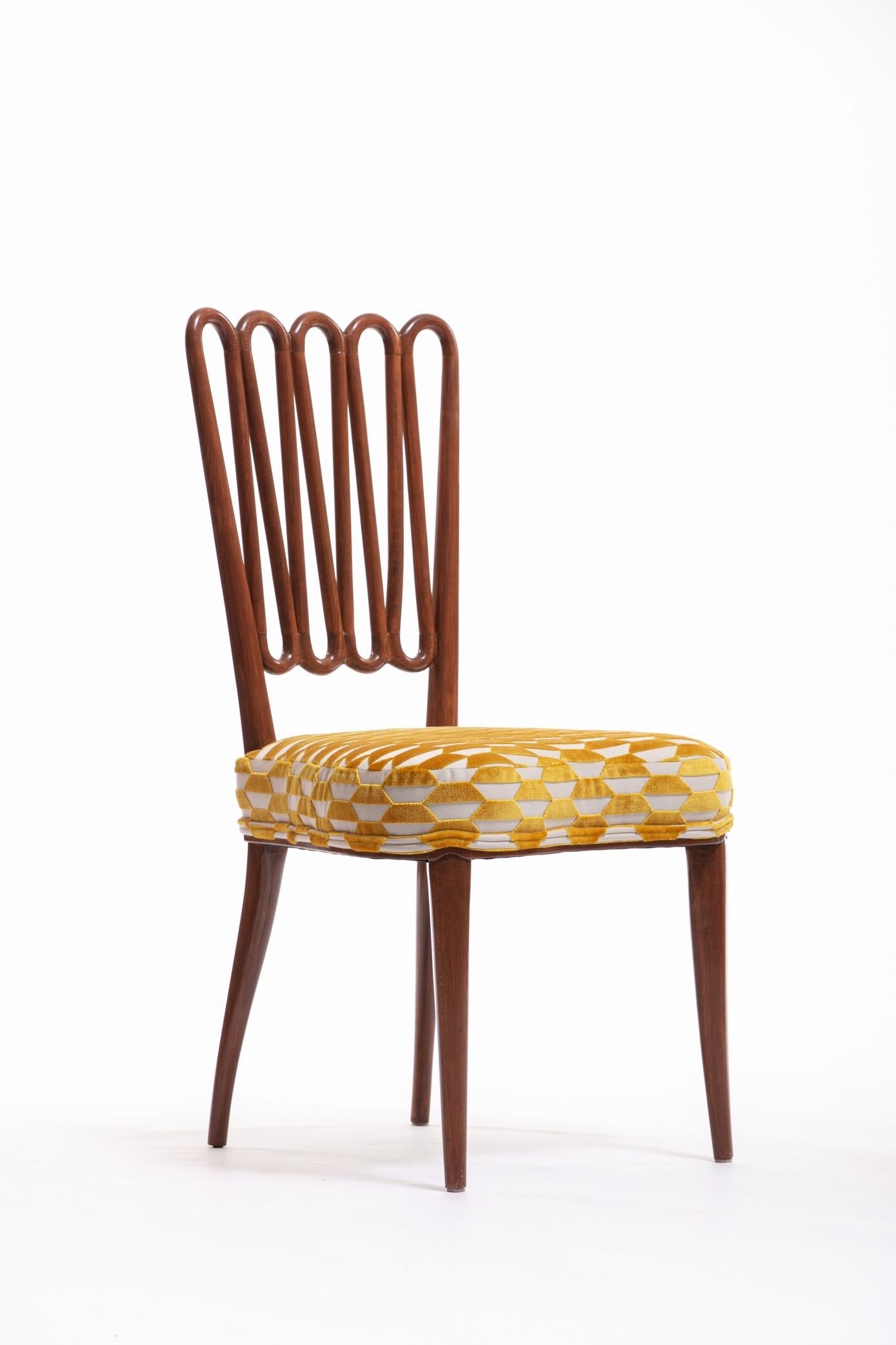 Italian Midcentury Side Chair after Gio Ponti with Gold and Ivory Cut Velvet 4