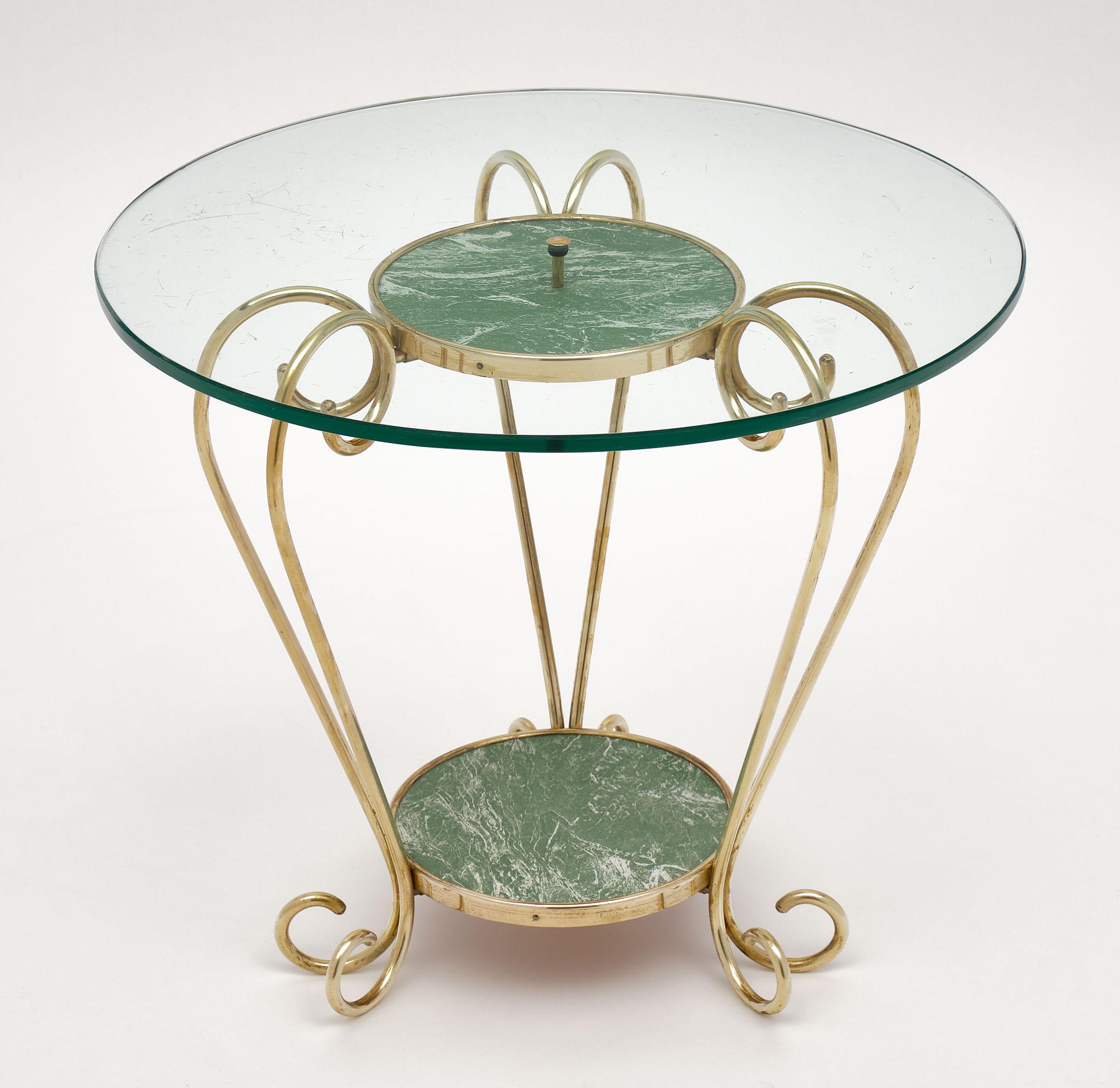 Side table - Italian mid-century side table with Pietra Verde marble tiers and a solid brass structure. The top is the original glass.