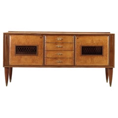 Italian Mid-Century Sideboard, Burl Maple and Brass, Tapered Legs, 1950s