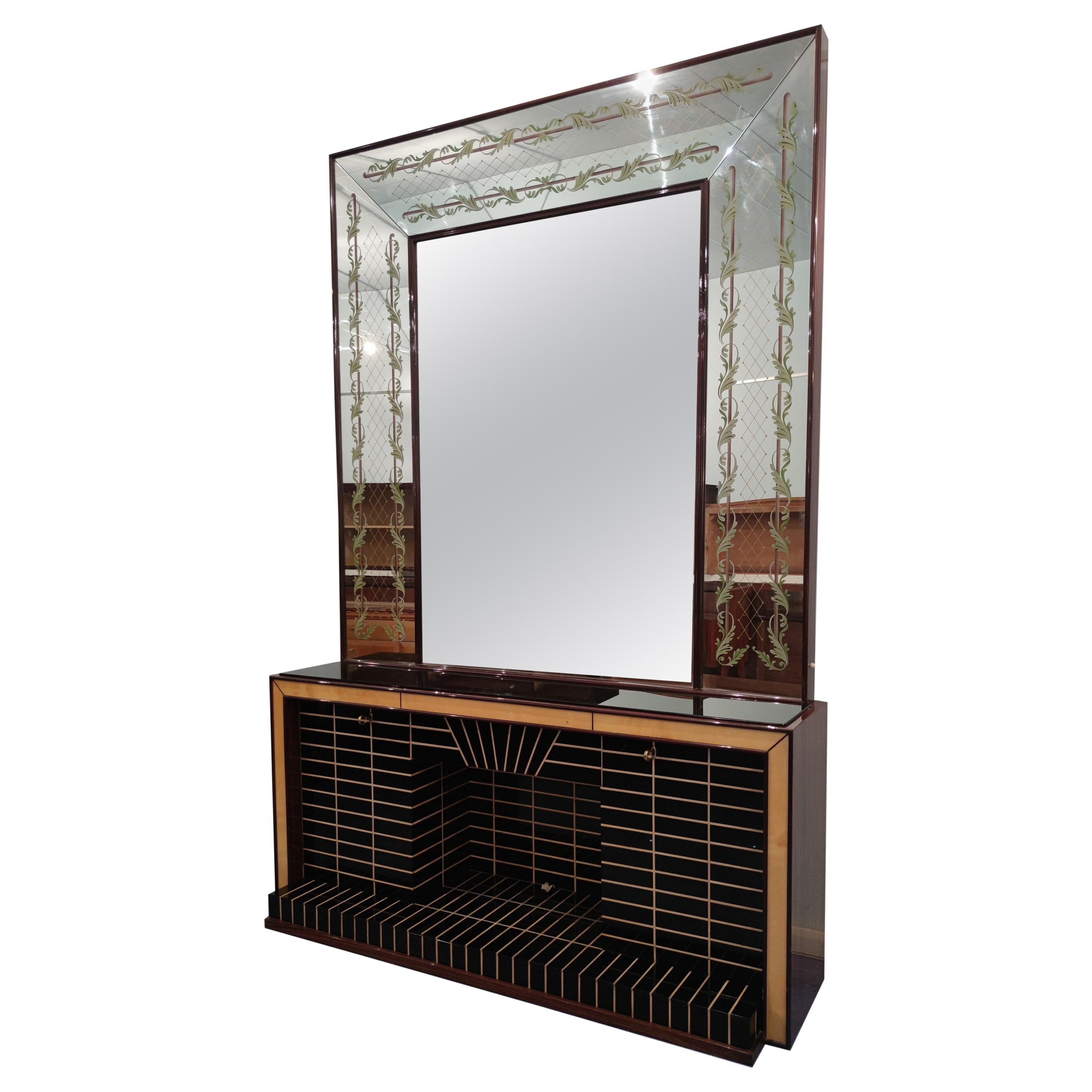 Italian Mid-Century Sideboard Cabinet Bar with Mirror by Luigi Brusotti, 1940s For Sale