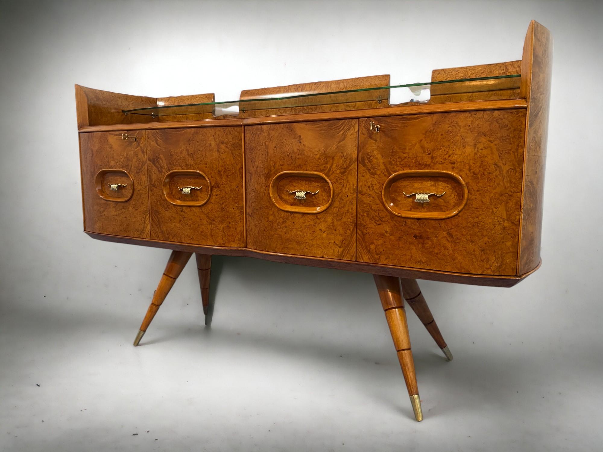 Brass Italian Mid Century Sideboard Honey Color in Birch Wood, 1950s For Sale