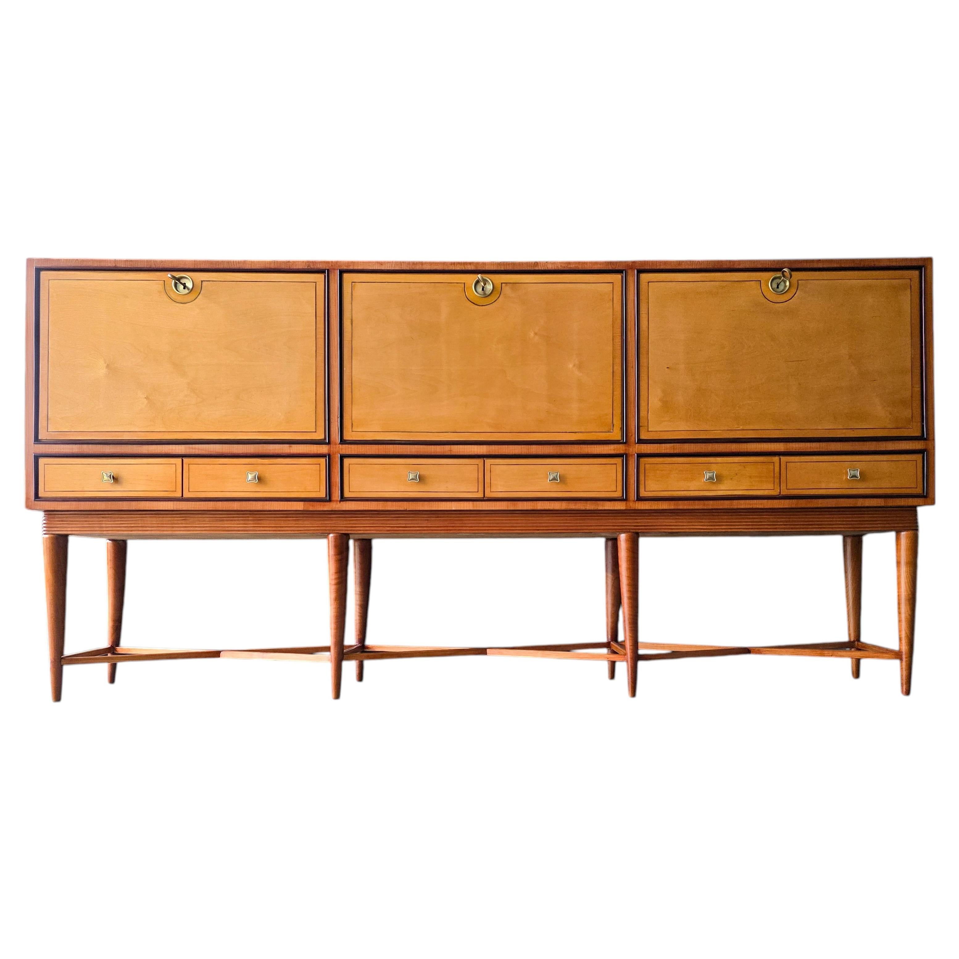 Italian Mid-Century Sideboard Bar Cabinet in Teak, Herringbone Top, 1950s