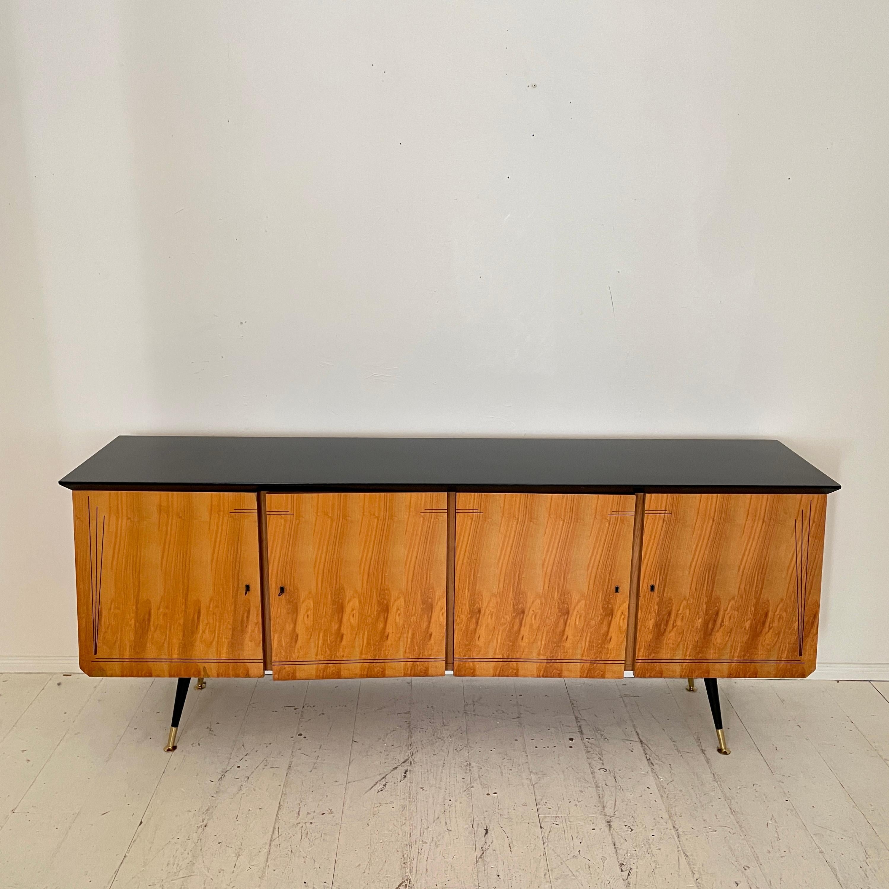 Mid-Century Modern Italian Midcentury Sideboard with 4 Doors in Ash, Black and Brass, Around 1950 For Sale