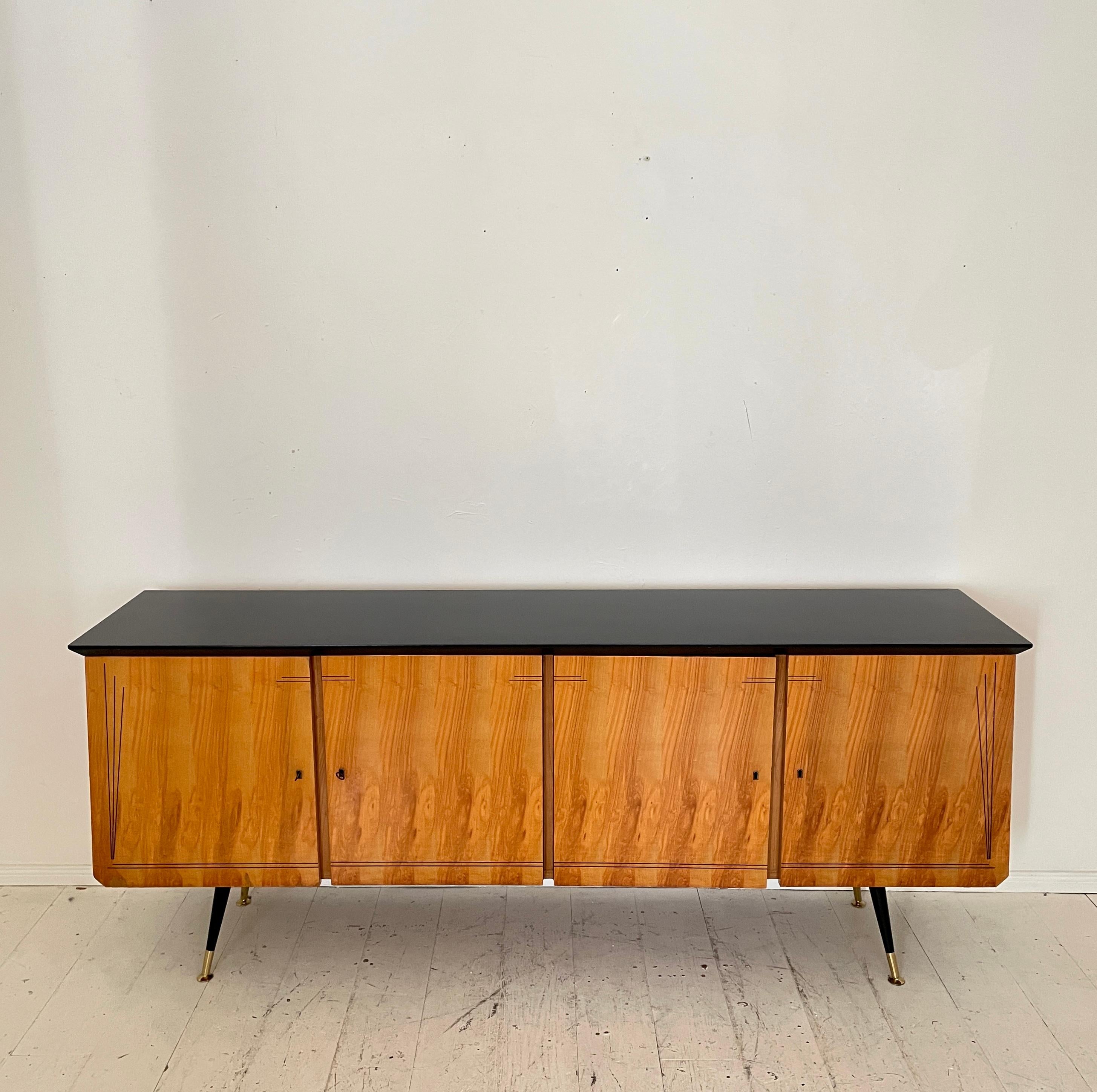 Mid-20th Century Italian Midcentury Sideboard with 4 Doors in Ash, Black and Brass, Around 1950 For Sale