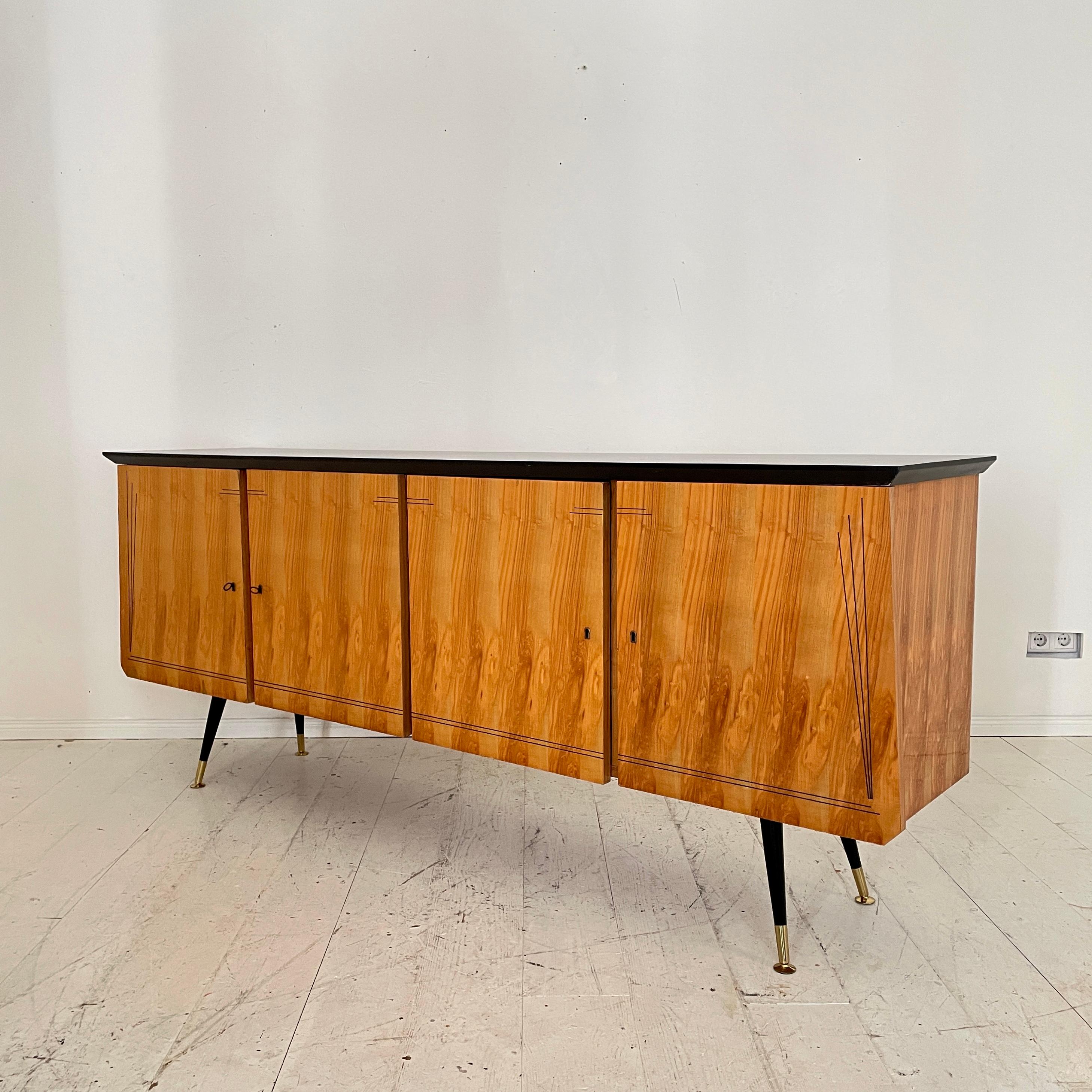 Italian Midcentury Sideboard with 4 Doors in Ash, Black and Brass, Around 1950 For Sale 1