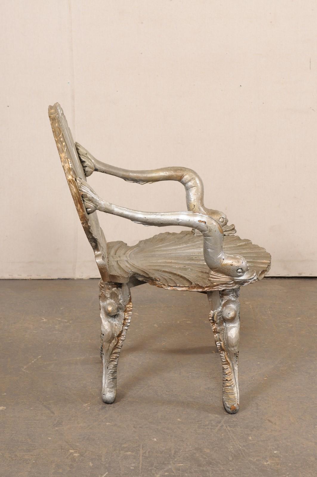 Wood Italian Mid-Century Silver Clam-Shell Grotto Chair For Sale