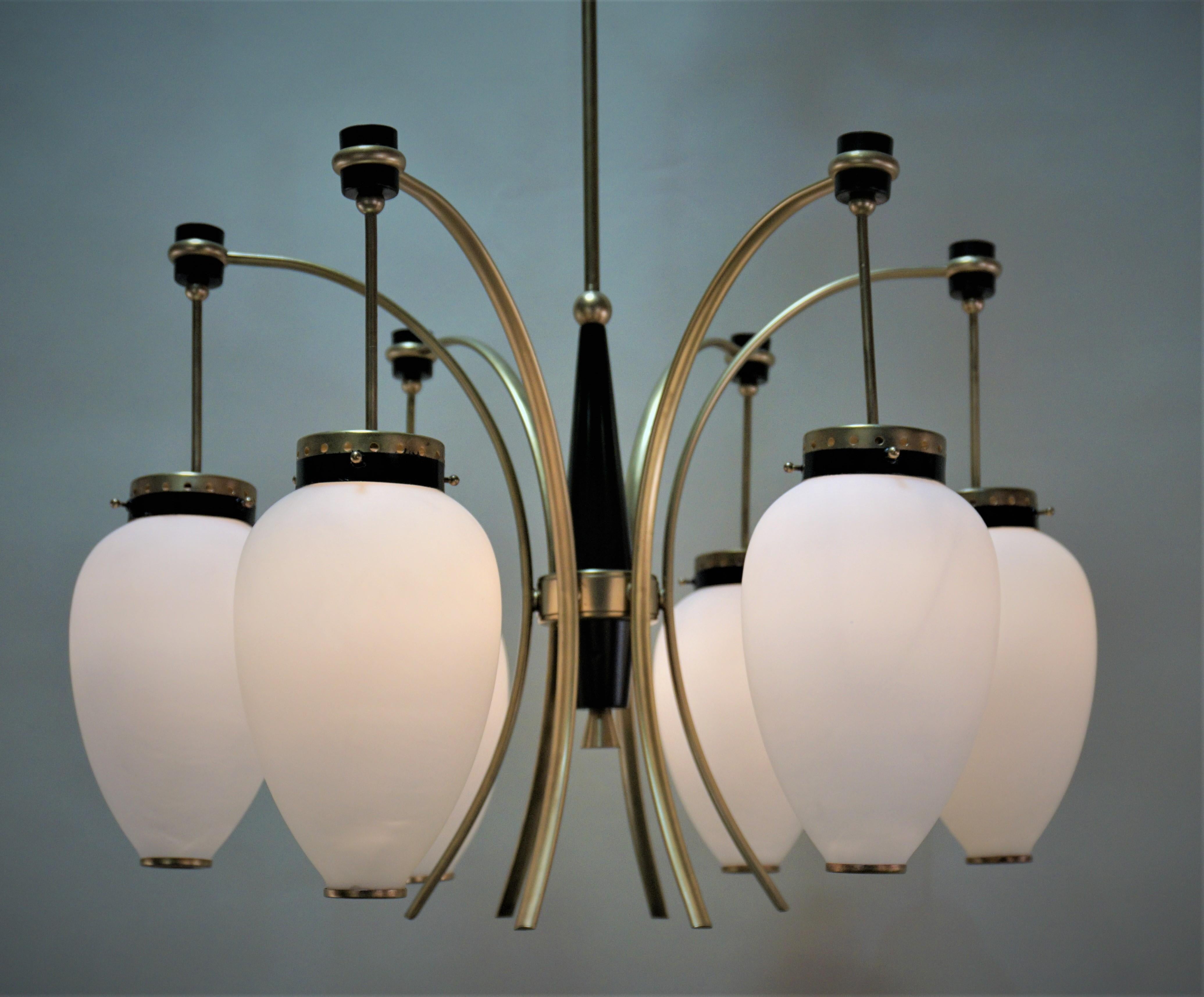 Italian six-light bronze and black lacquer frame with white satin opal glass shades.