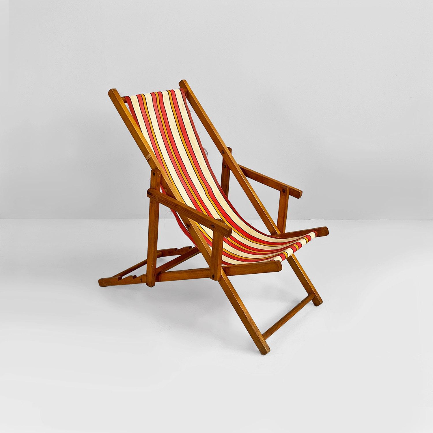 Mid-20th Century Italian mid-century small wooden and original colored fabric deckchair, 1950s For Sale