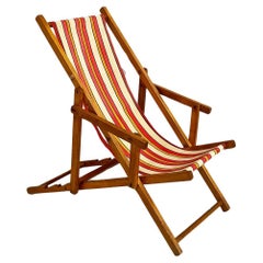 Italian mid-century small wooden and original colored fabric deckchair, 1950s