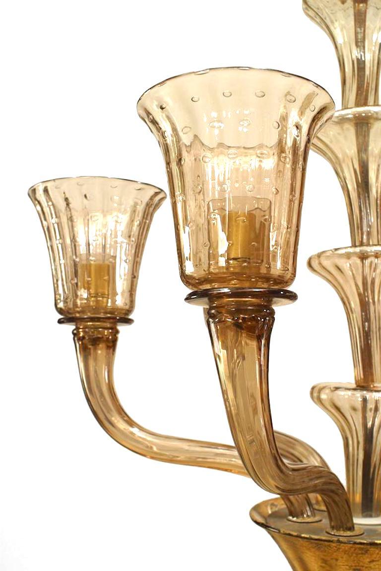 2 Italian (1940's) Murano smoked colored glass chandeliers with 6 fluted arms and shades with bubbled design and 5 tier centerpost and finial bottom (PRICED EACH).