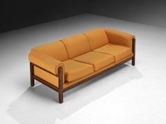 Italian Mid-century Sofa in Wood and Orange Fabric