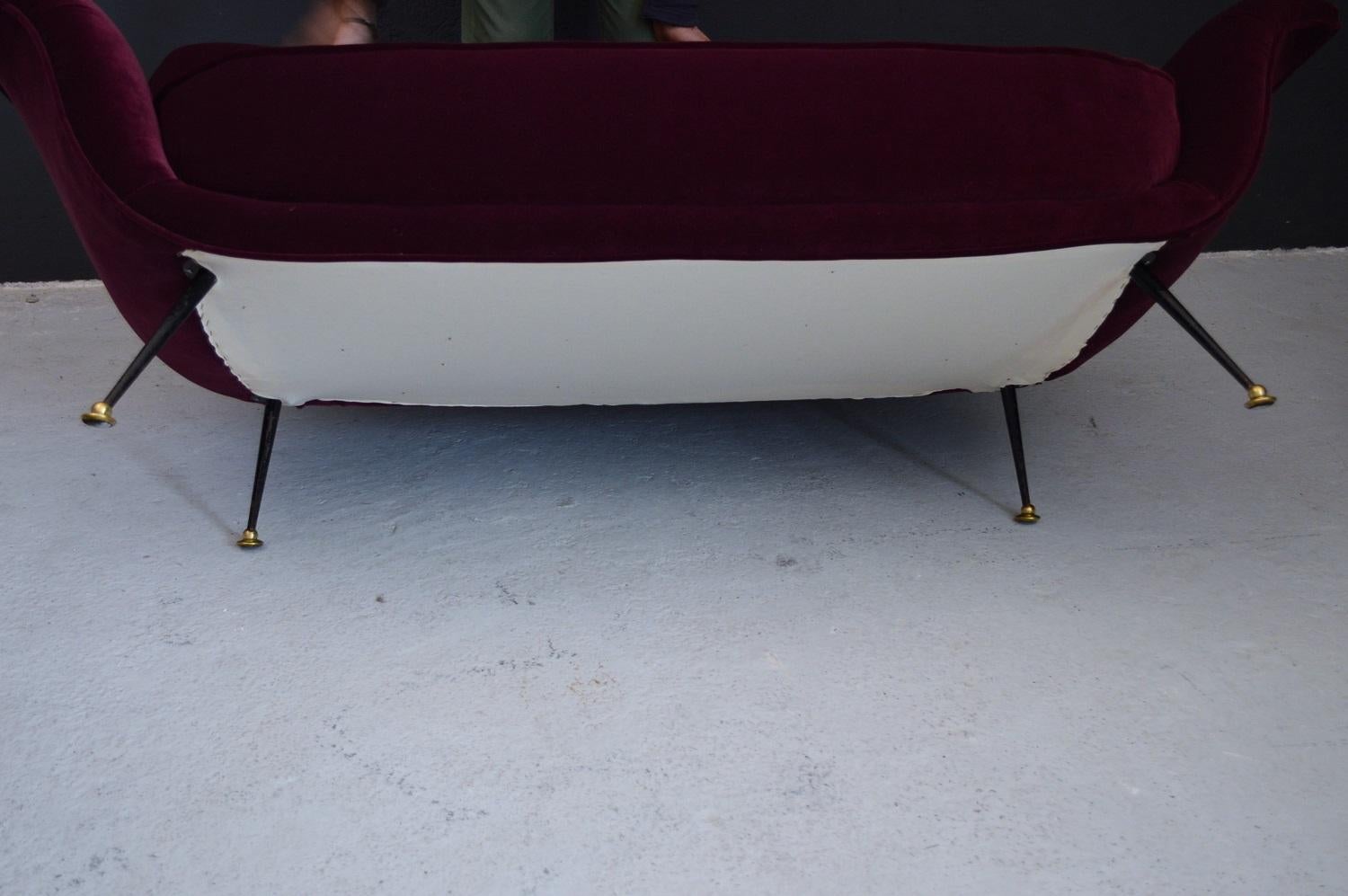 Brass Italian Midcentury Sofa or Loveseat in New Purple Velvet, 1950s