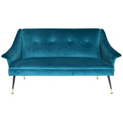 Italian Mid-century Sofa Reupholstered with Petrol Velvet, 1950s