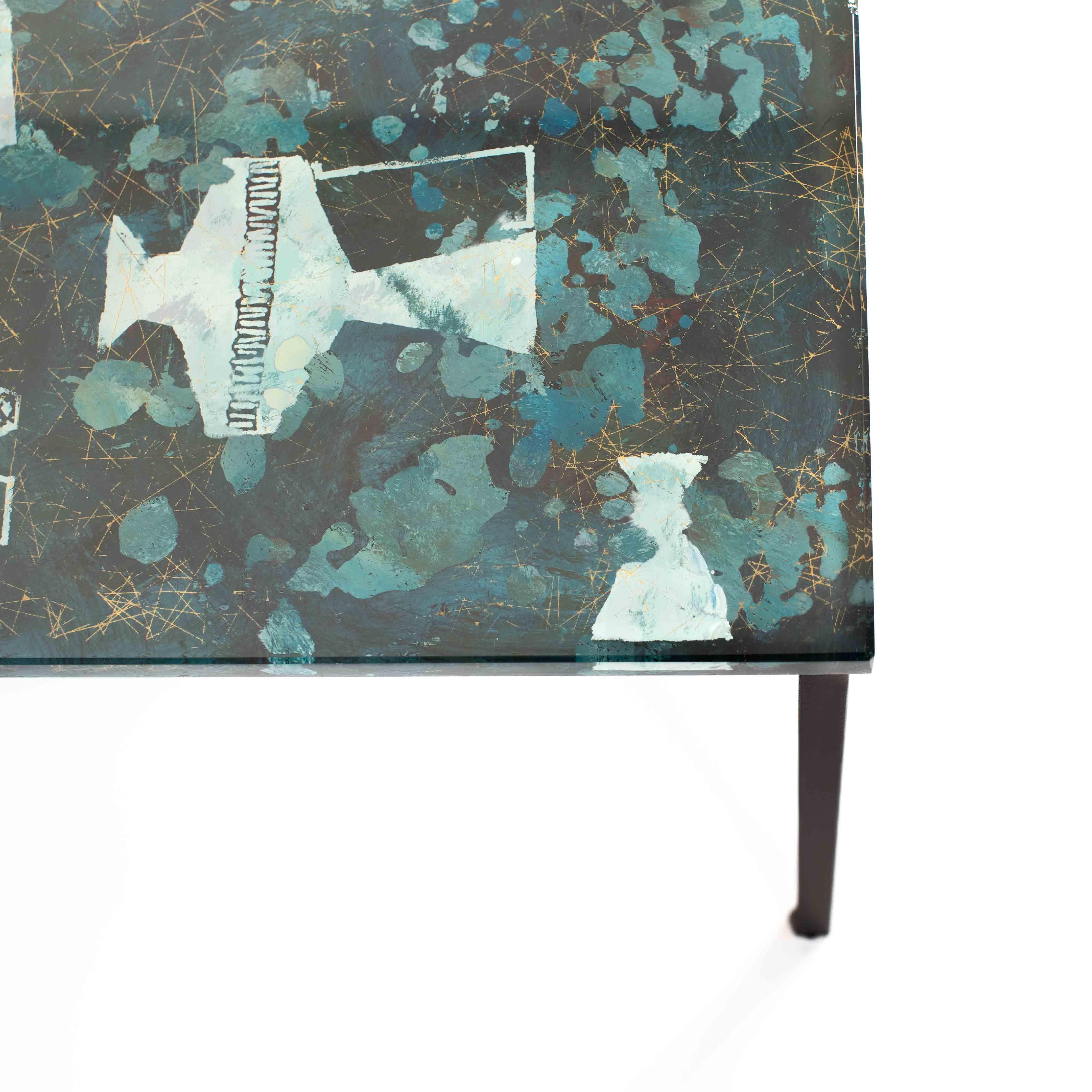 Mesa de sofá italiana de mediados de siglo Decoración abstracta en cristal turquesa-verde-dorado en Desgastado estado para la venta en Salzburg, AT