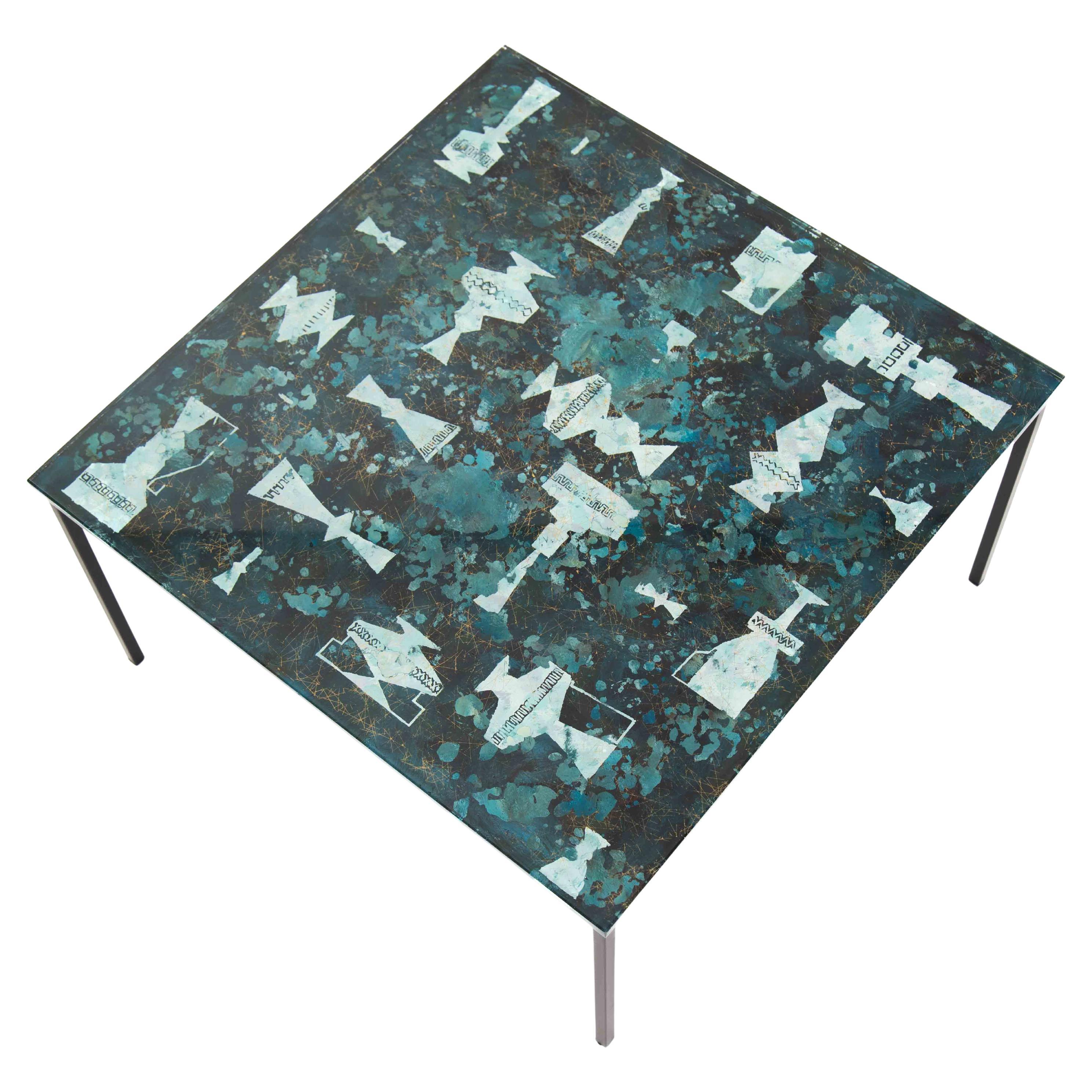 Mesa de sofá italiana de mediados de siglo Decoración abstracta en cristal turquesa-verde-dorado en venta