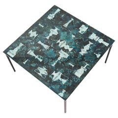 Mesa de sofá italiana de mediados de siglo Decoración abstracta en cristal turquesa-verde-dorado
