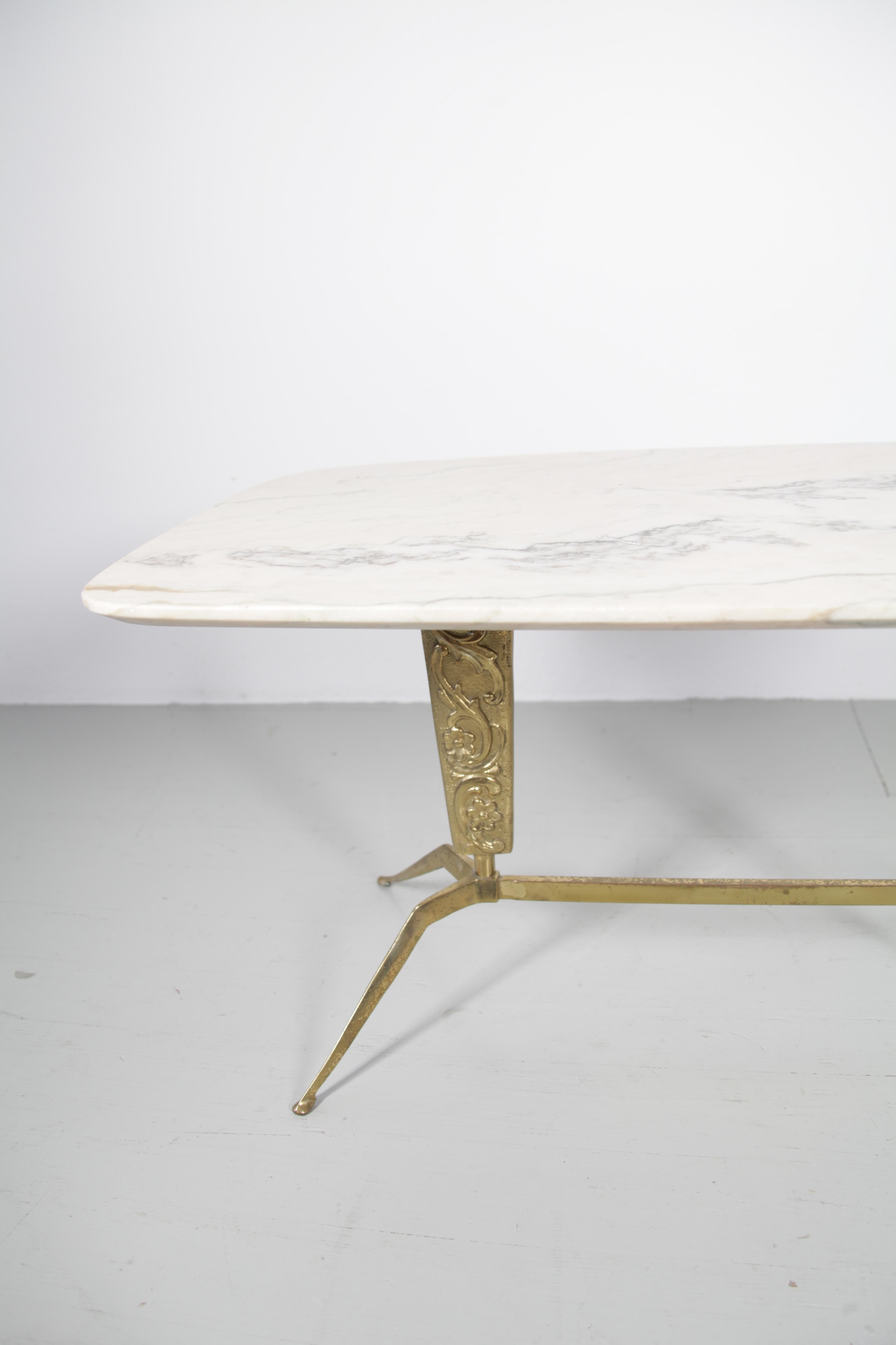 Brass Italian Mid Century Sofa Table with veined Marble Top, 1950 For Sale
