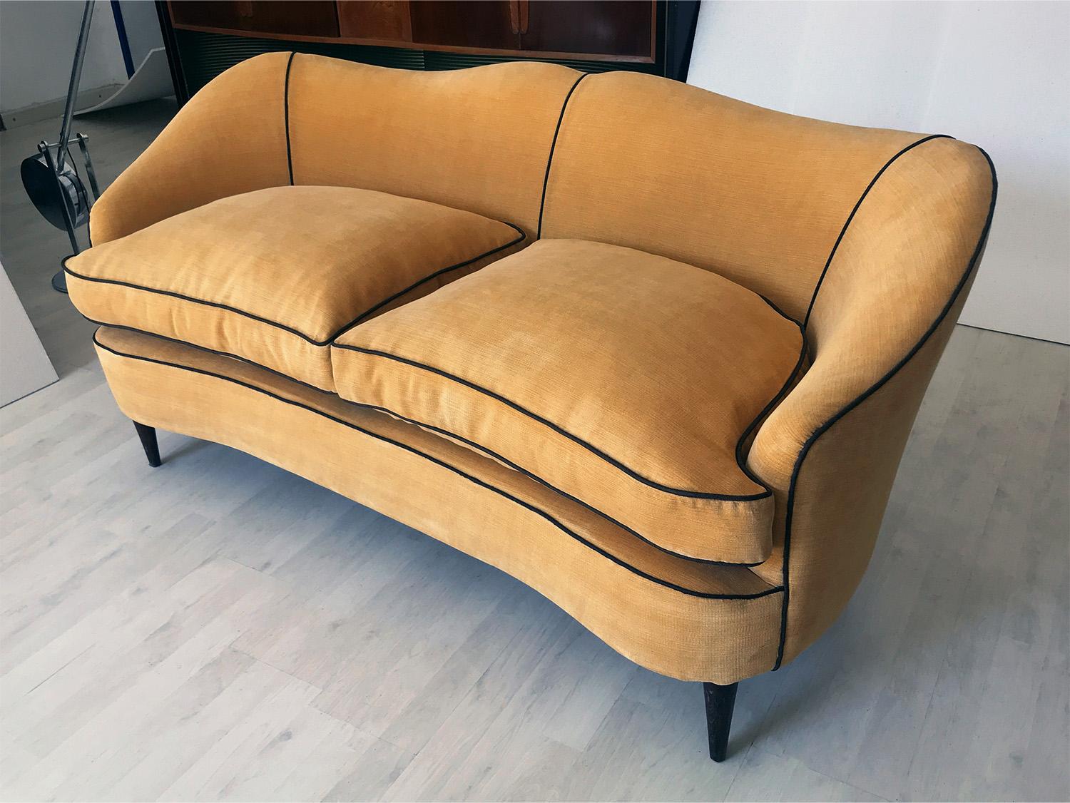 20th Century Italian Mid-Century Sofa Two-Seat in Yellow Velvet, 1950s