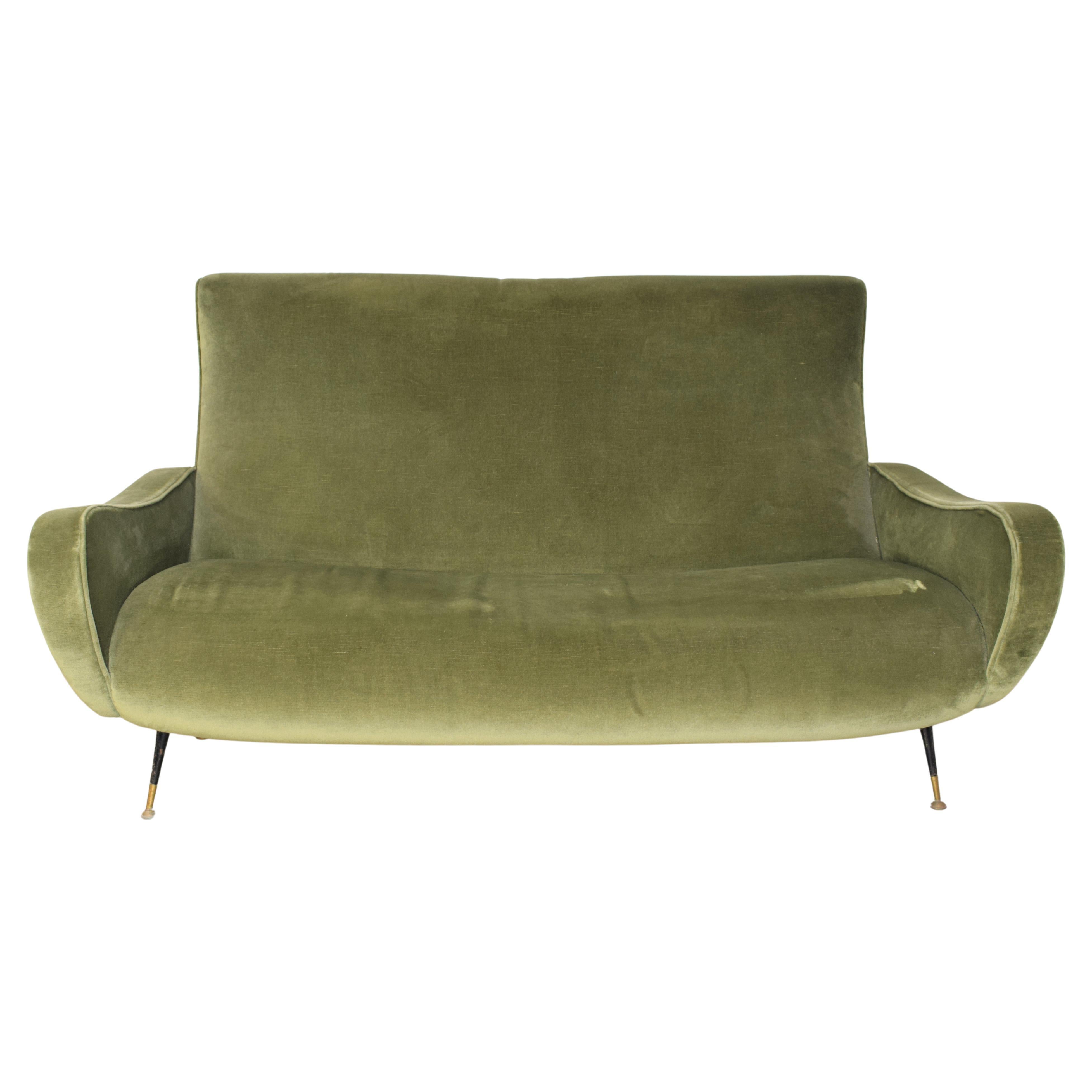 Italian mid-century sofa, velvet, brass and iron, 1950s For Sale