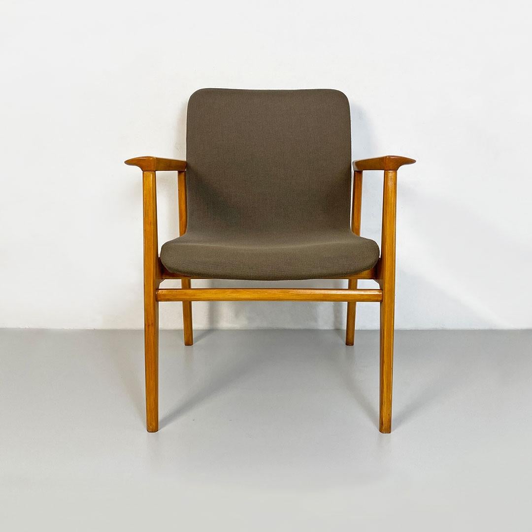 Italian Mid-Century Modern solid beech and original grey fabric side chair with armrests by Anonima Castelli, 1960s.
Armchair in solid beech with armrests and seat in curved wood covered in the original gray fabric.
Produced by Anonima Castelli in