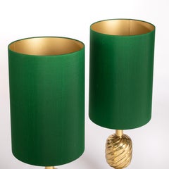 Italian Mid-Century Solid Brass Pineapple Table Lamps Green Silk Shade, 1970s