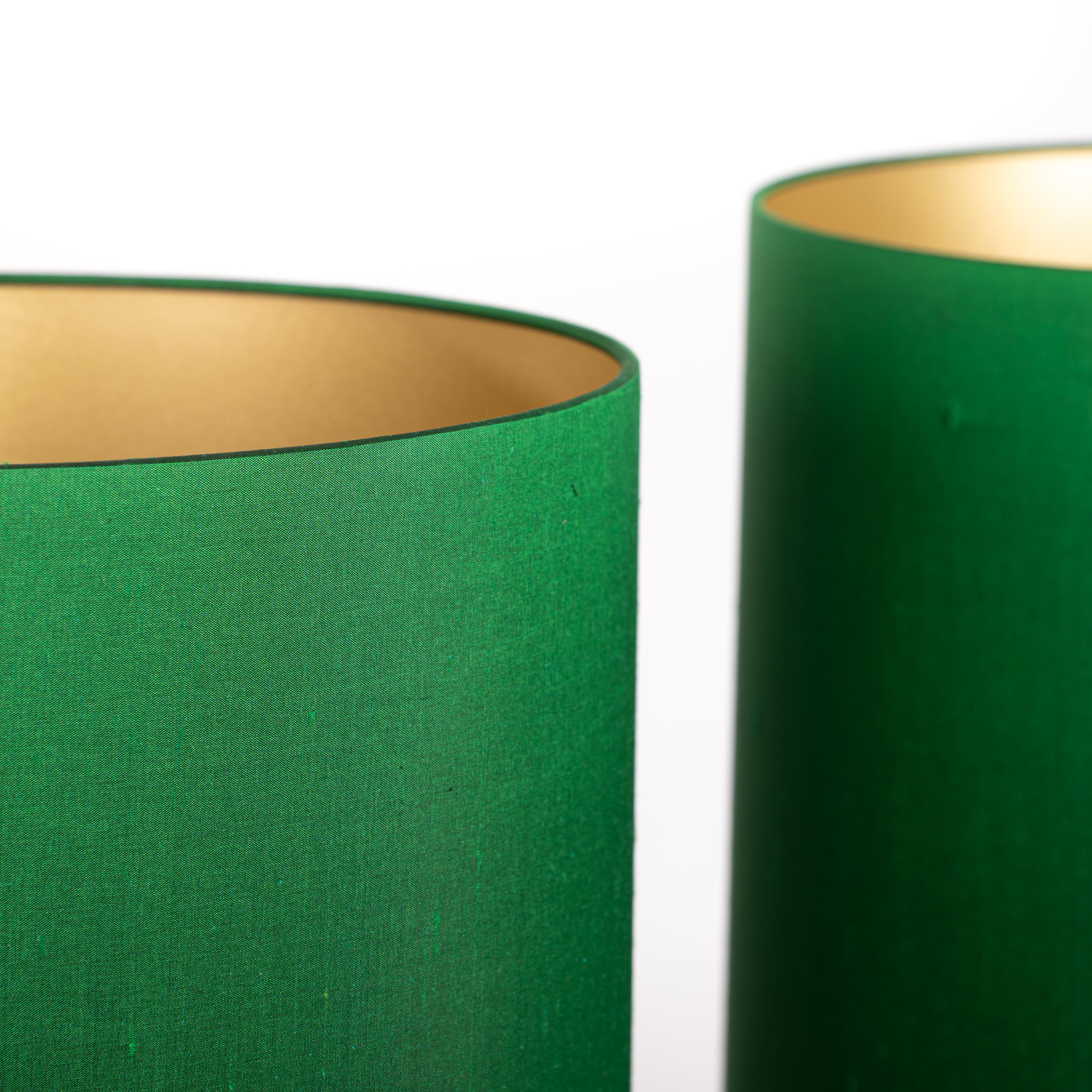 Mid-Century Modern Italian Mid-Century Solid Brass Pineapple Table Lamps Green Silk Shade, 1970s