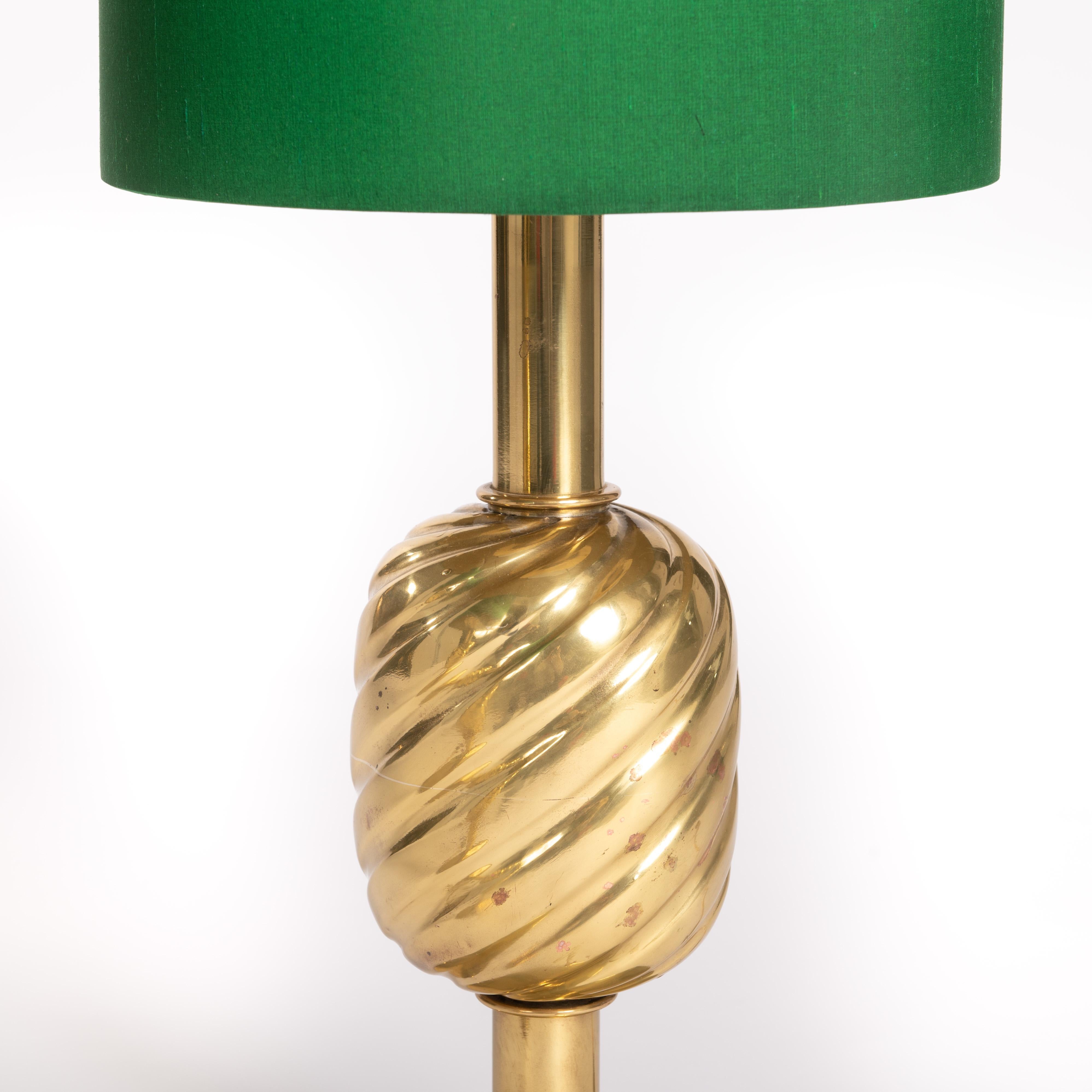 Late 20th Century Italian Mid-Century Solid Brass Pineapple Table Lamps Green Silk Shade, 1970s