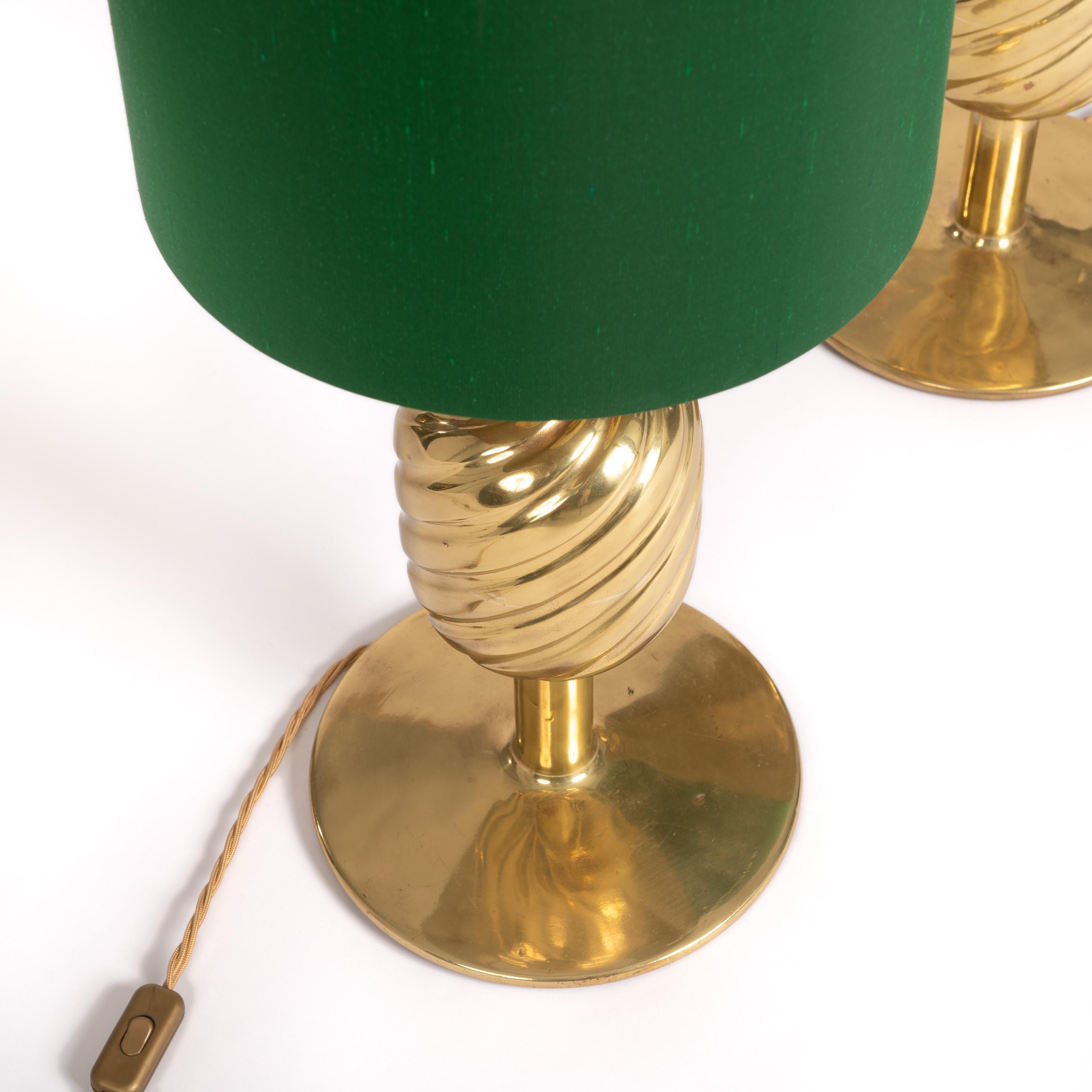Italian Mid-Century Solid Brass Pineapple Table Lamps Green Silk Shade, 1970s 1