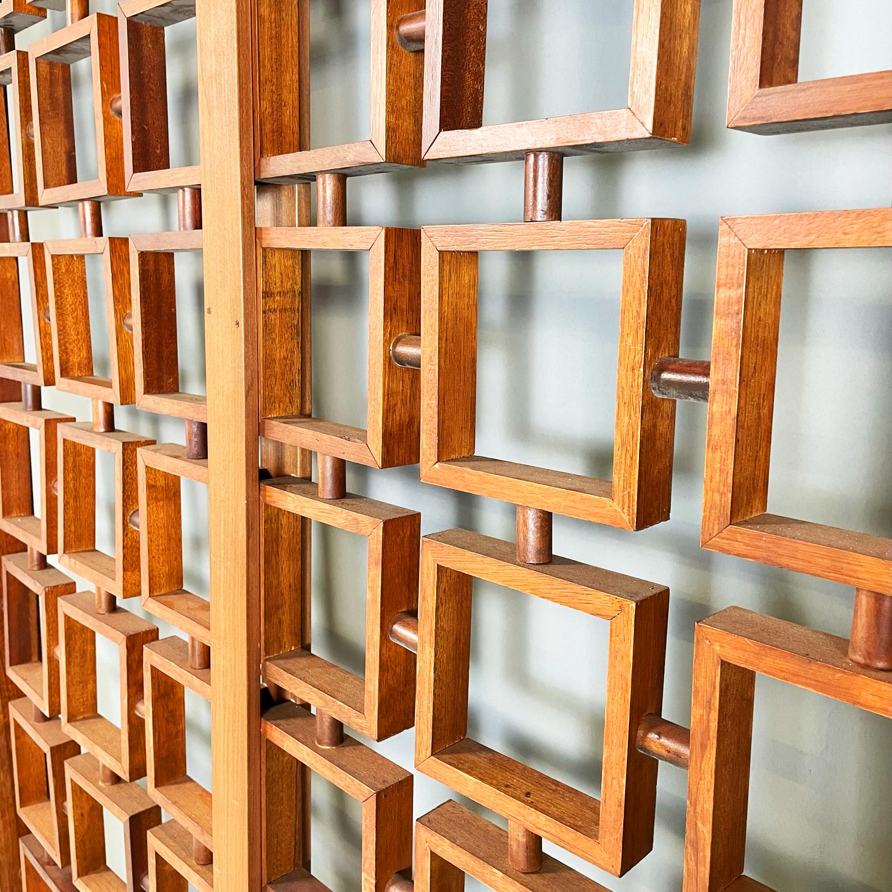 Brass Italian Mid-Century Solid Wood Handcrafted Screen with Geometric Pattern, 1960s