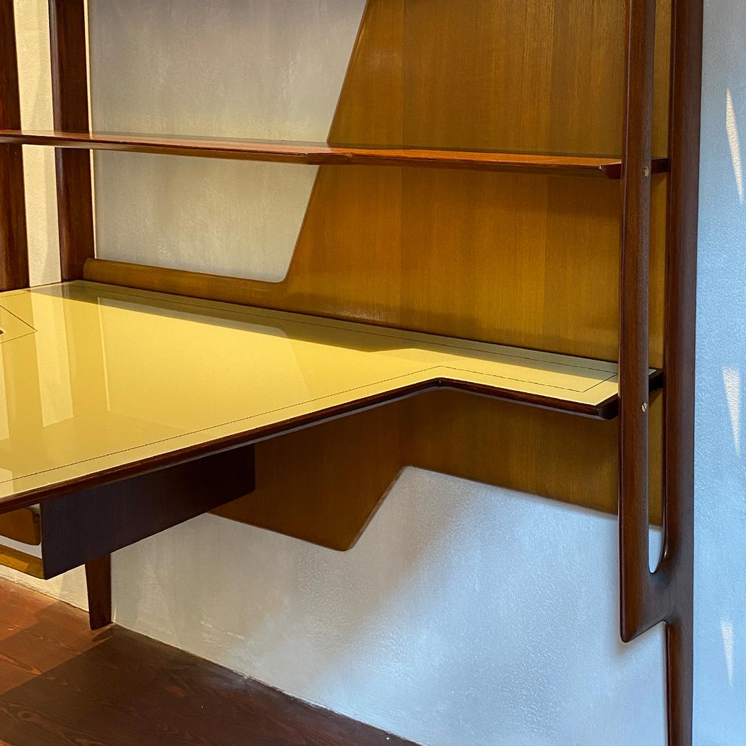 Glass Italian Mid-Century Solid Wood Wall Bookcase with Writing Desk, 1950s