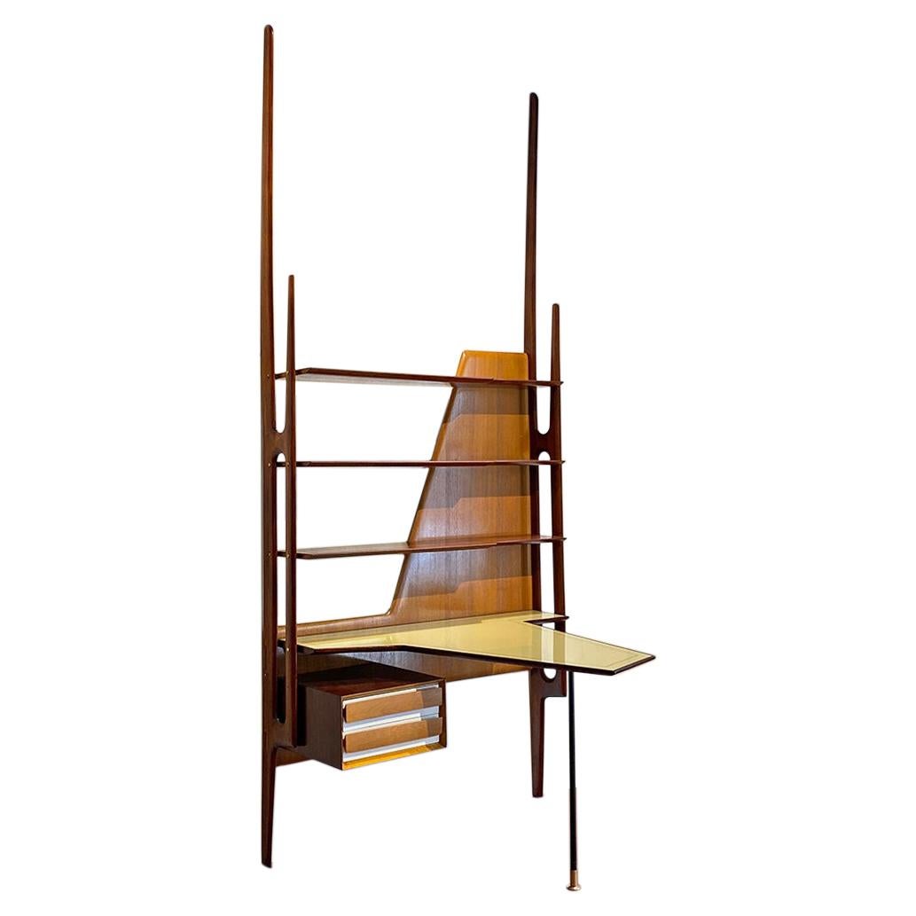 Italian Mid-Century Solid Wood Wall Bookcase with Writing Desk, 1950s