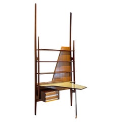 Italian Mid-Century Solid Wood Wall Bookcase with Writing Desk, 1950s